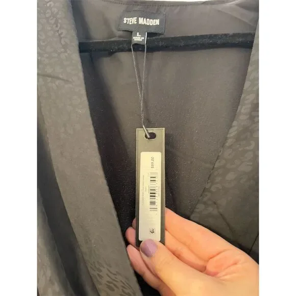 Steve Madden Women's L Black Shiny Leopard Faux Wrap Dress Knee Length - Picture 8 of 13